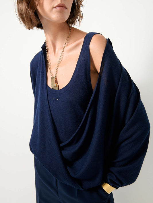 Navy extra-fine wool and silk wrap sweater