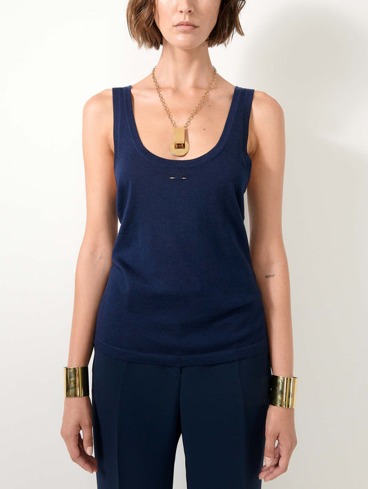 Navy extra-fine wool and silk tank top