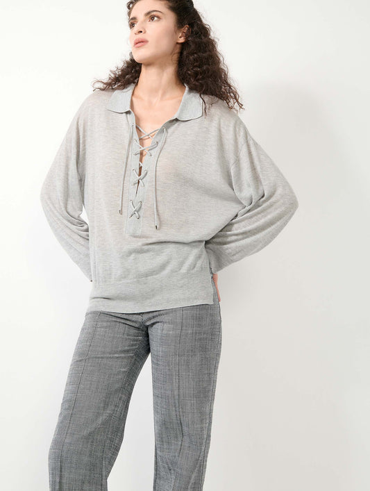 Grey lace-up sweater in tencel and cashmere