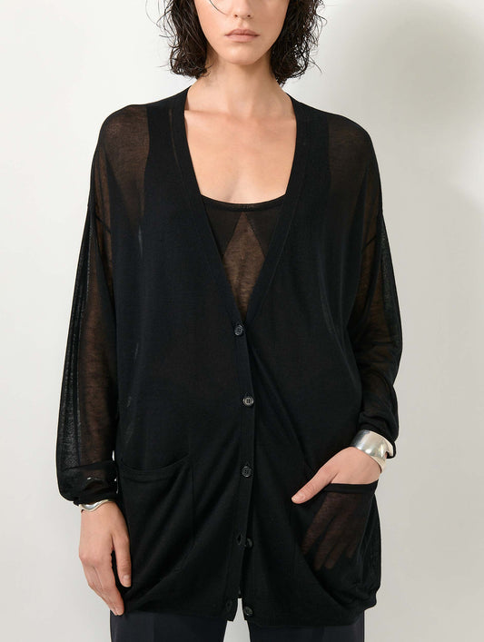 Black extra-fine knit long cardigan