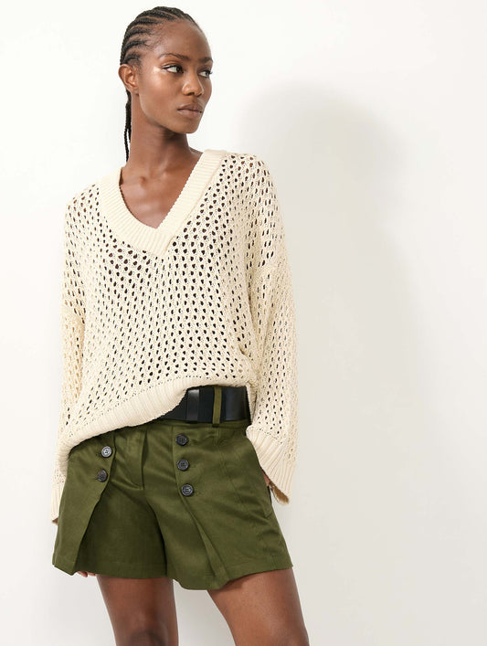Sand crochet knit V-neck sweater