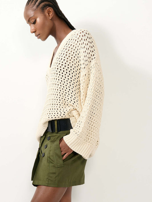 Sand crochet knit V-neck sweater