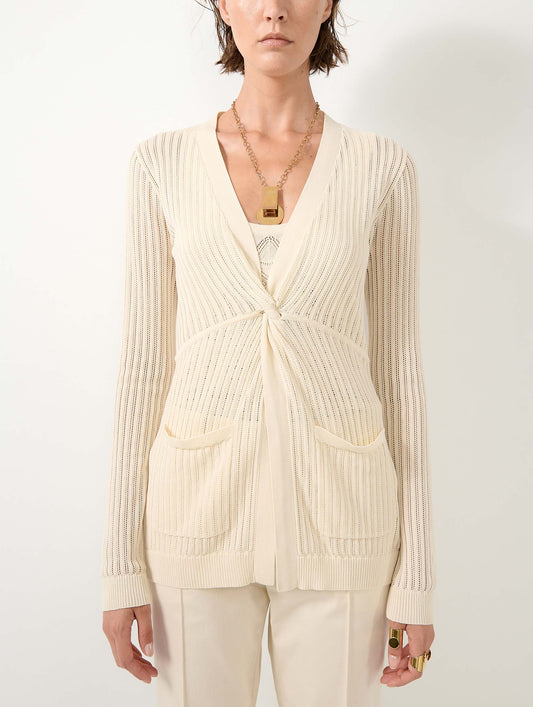 Beige tie-front open-knit sweater