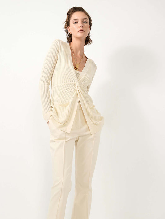 Beige tie-front open-knit sweater