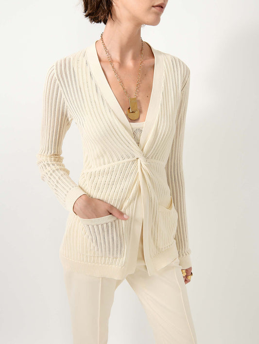 Beige tie-front open-knit sweater