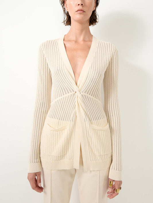 Beige tie-front open-knit sweater