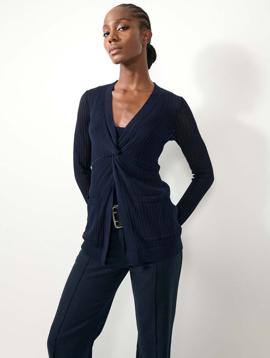 Navy tie-front open-knit sweater