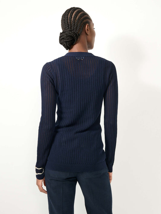 Navy tie-front open-knit sweater