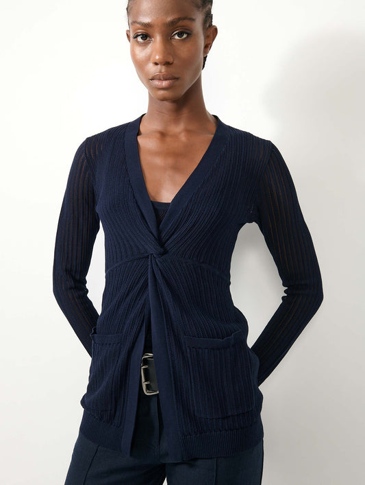 Navy tie-front open-knit sweater