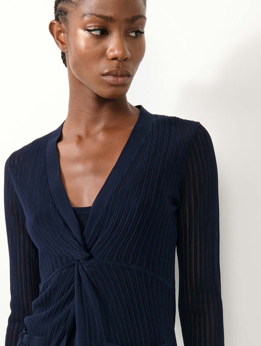 Navy tie-front open-knit sweater