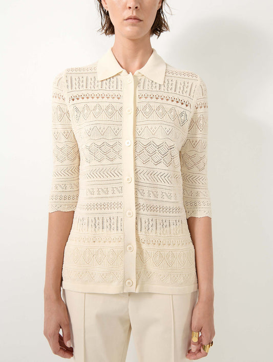 Beige open-knit knit cardigan