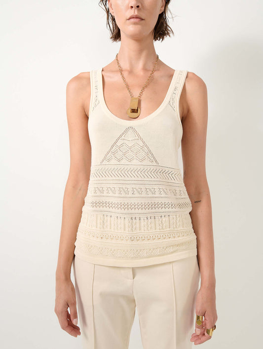 Beige open-knit knit tank top