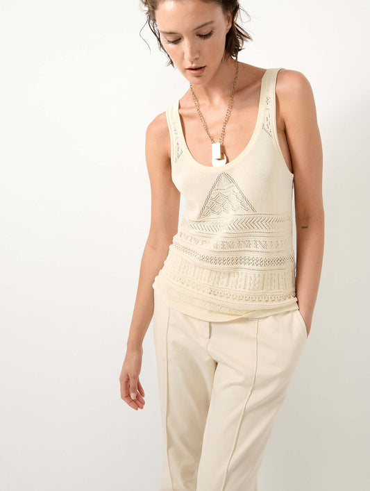 Beige open-knit knit tank top