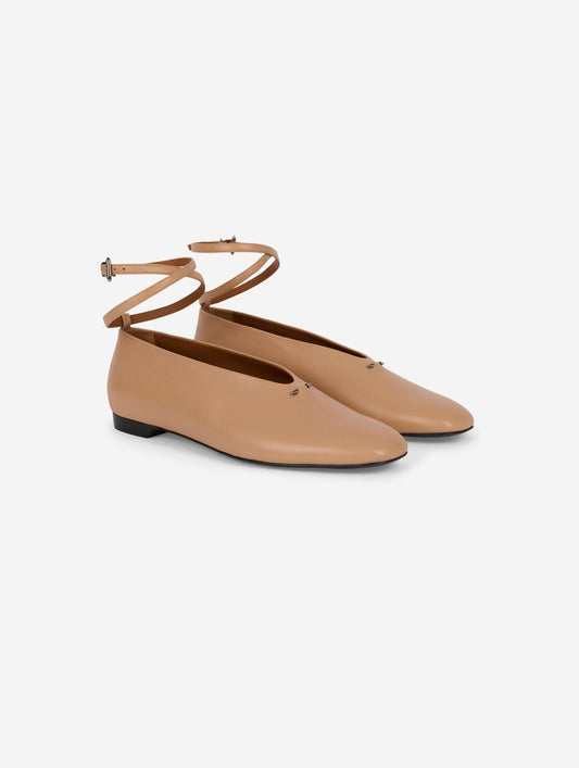 Camel leather ankle-strap ballet flats