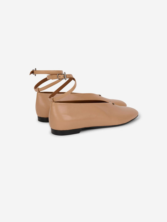 Camel leather ankle-strap ballet flats