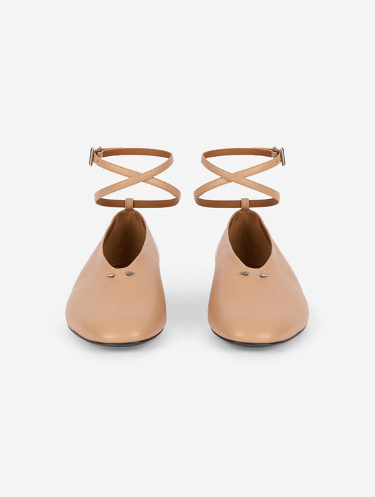 Camel leather ankle-strap ballet flats