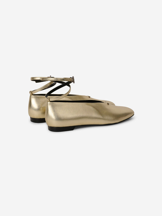 Gold leather ankle strap ballet flats