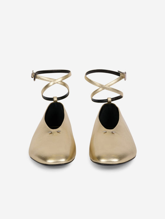 Gold leather ankle strap ballet flats