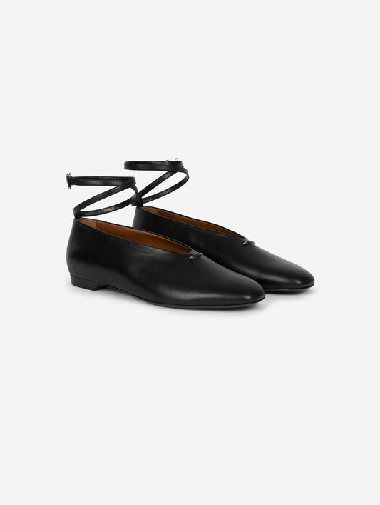 black leather ankle strap ballet flats