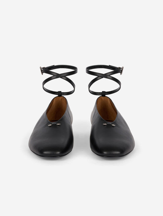 black leather ankle strap ballet flats