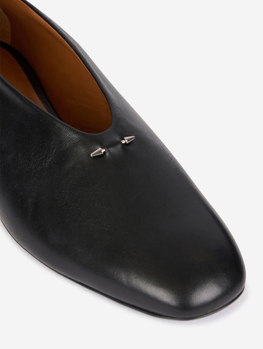 black leather ankle strap ballet flats