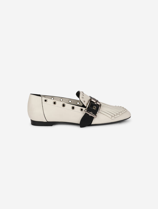 White & black leather fringed and studded loafers