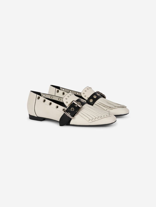 White & black leather fringed and studded loafers