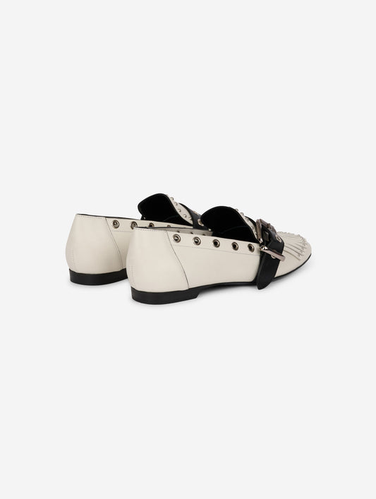 White & black leather fringed and studded loafers