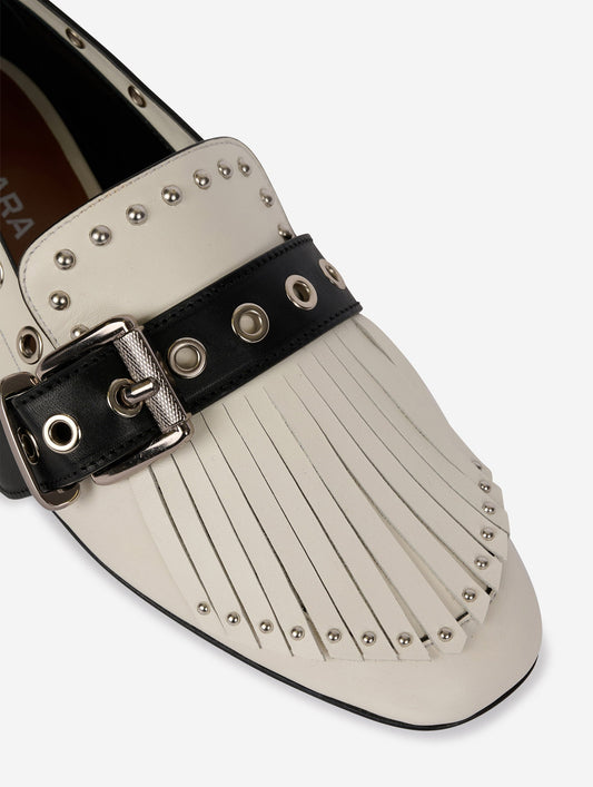 White & black leather fringed and studded loafers