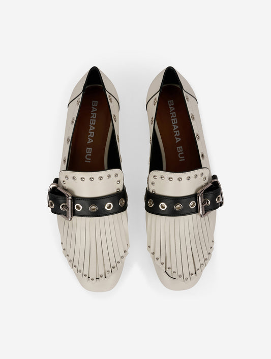 White & black leather fringed and studded loafers