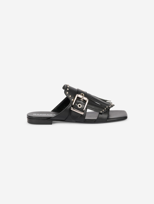 Black leather fringed and studded mules