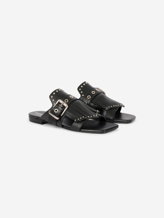 Black leather fringed and studded mules