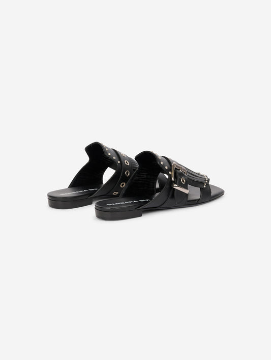 Black leather fringed and studded mules