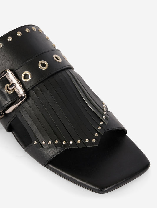 Black leather fringed and studded mules