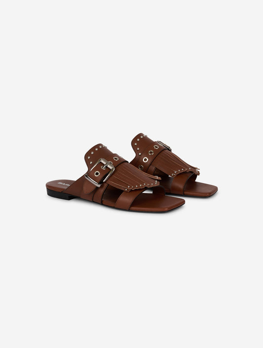 Chocolate leather fringed and studded mules