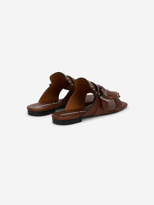 Chocolate leather fringed and studded mules