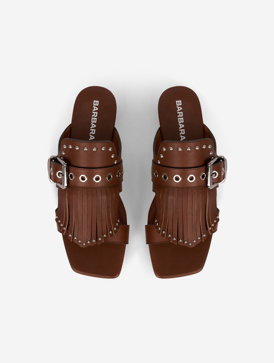Chocolate leather fringed and studded mules
