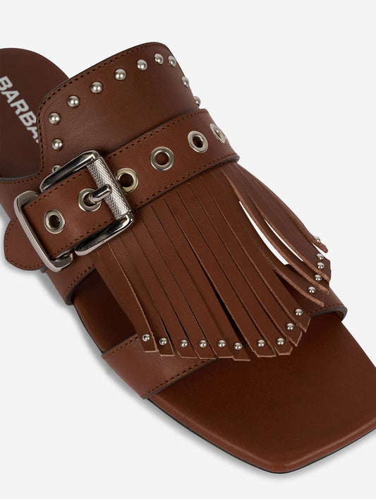 Chocolate leather fringed and studded mules