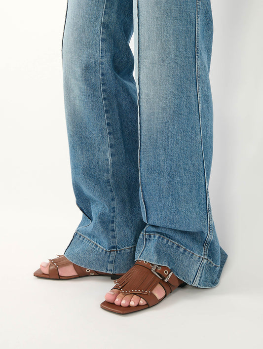 Chocolate leather fringed and studded mules