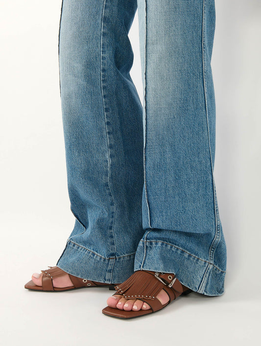 Chocolate leather fringed and studded mules