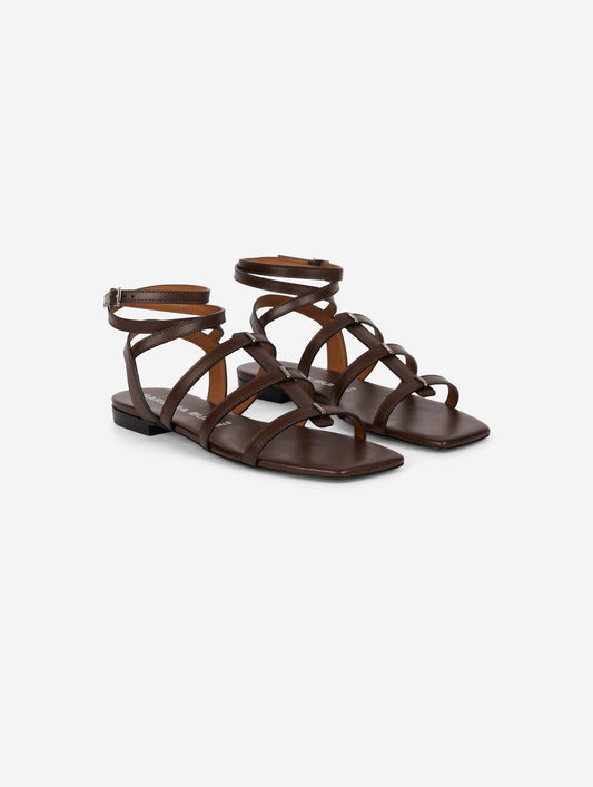 Gladiator sandals with thin leather straps, coffee color