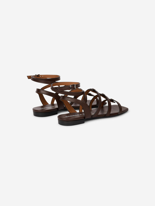 Gladiator sandals with thin leather straps, coffee color