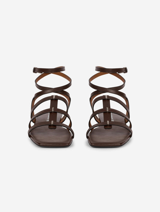 Gladiator sandals with thin leather straps, coffee color