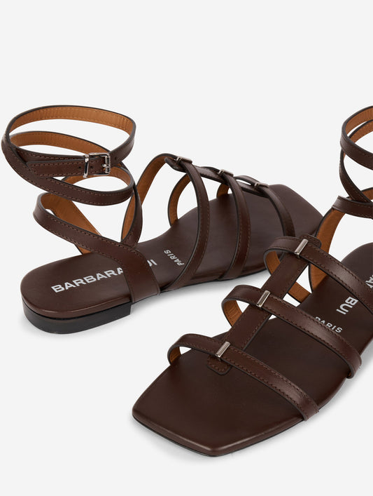 Gladiator sandals with thin leather straps, coffee color