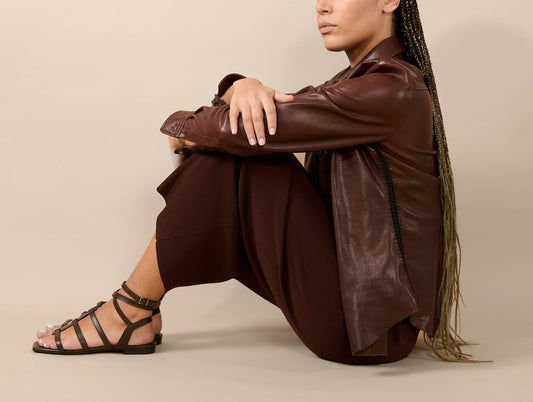 Gladiator sandals with thin leather straps, coffee color