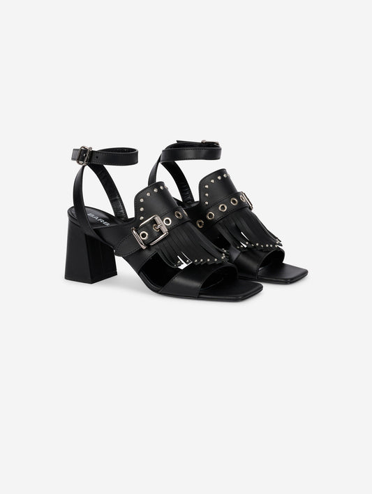 Black leather fringed and studded sandals