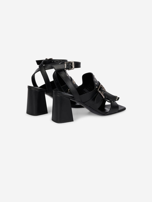 Black leather fringed and studded sandals