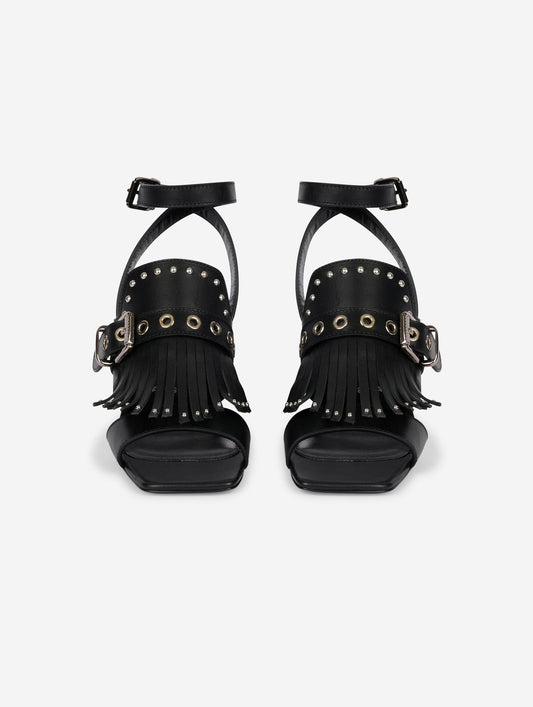 Black leather fringed and studded sandals