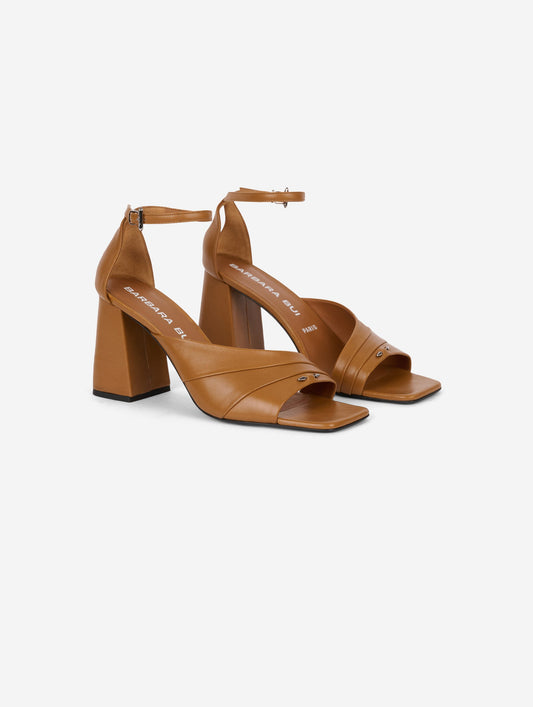 Asymmetrical hazelnut leather sandals