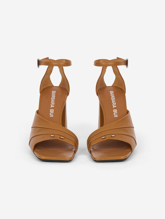 Asymmetrical hazelnut leather sandals